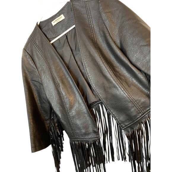 Glamorous S/M Jr Black Fringe Faux Leather Jacket Open Front 3/4 Sleeve RL10436 - Picture 9 of 11
